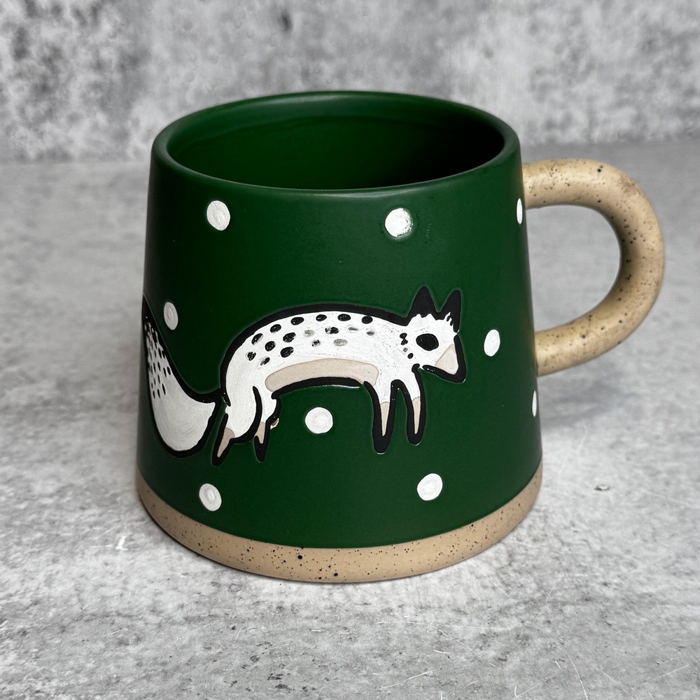 Arwen Pottery Green Ceramic Spotted Fox Polka Dot Mug Speckled Handle Folk Art